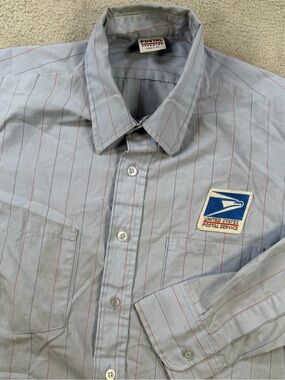 Vintage USPS Postal Approved Mens XL Blue Striped Long Sleeve Button Up Pocket